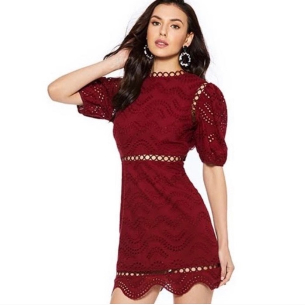 Avantlook Red Puff Sleeve Lace Dress
